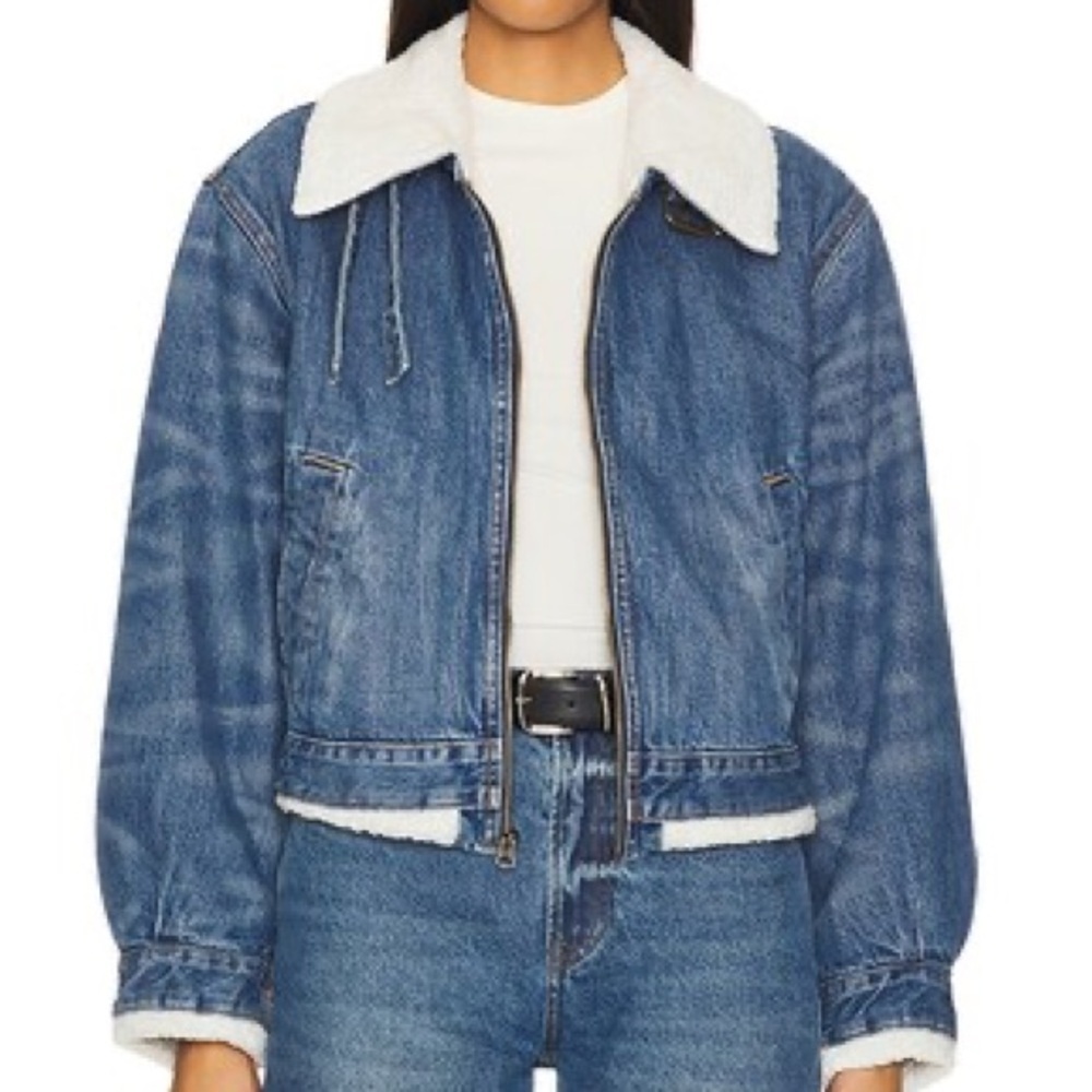 Re/Done Faux Shearling Lined Denim Aviator Jacket Small S Blue Casual Streetwear